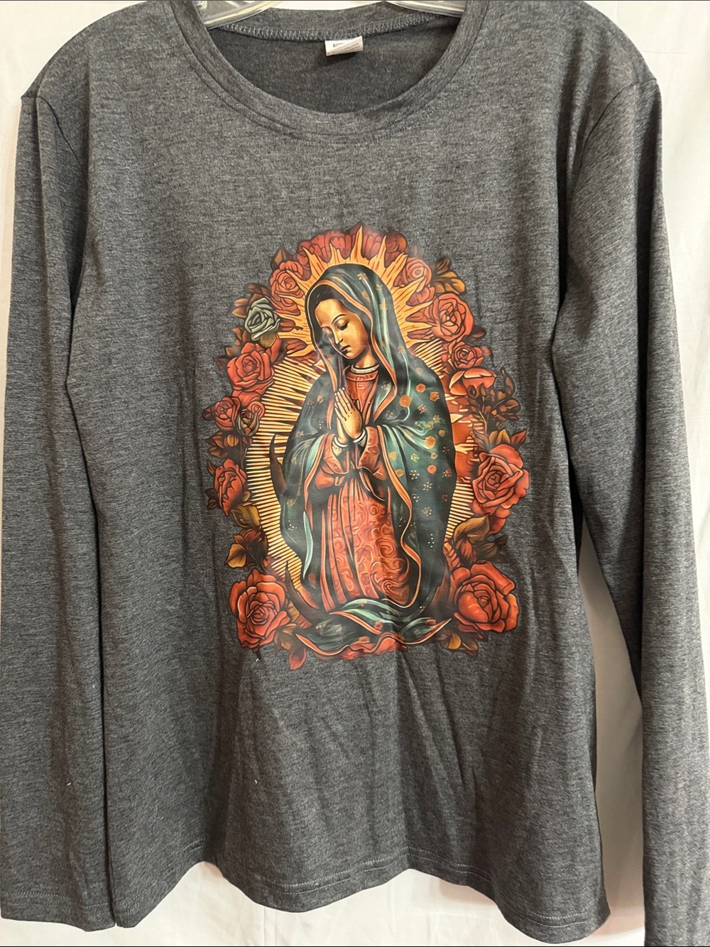 Long Sleeve Graphic Tee with Our Lady Guadalupe Artwork - Gray